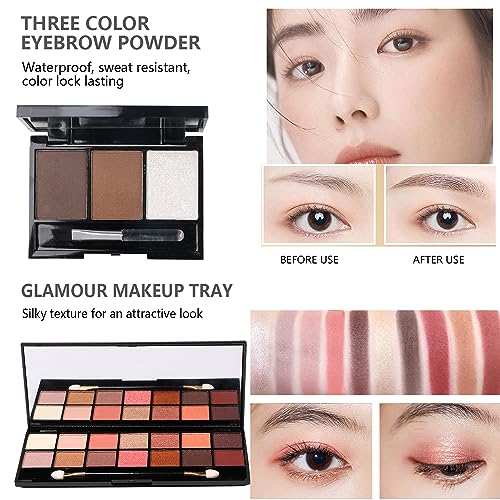 All in One Makeup Kit - 2X14 Eyeshadow Palette, Liquid Foundation, Eyeliner Pencils, Contouring Stick, Lip Gloss, 20Pcs Makeup Brushes (Black)