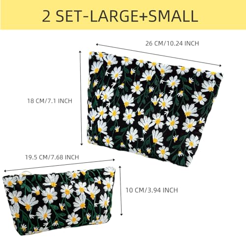 2 Pcs Makeup Bags, Large Cosmetic Bag Travel Toiletry Bag Organizer for Women, Embroidery Craft, Floral Makeup Bag Small Cosmetic Pouch Purse with Zipper Gifts for Girls Teen