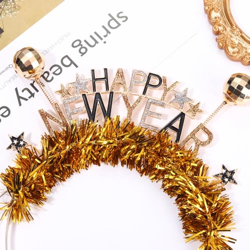 FAERLIIRY Happy New Year Headband 2024 Disco Ball Glitter Headpiece Holiday Hair Accessories New Year's Eve Party Gifts (Gold, L)