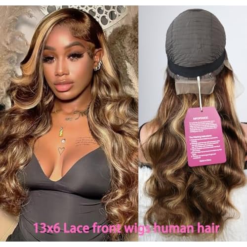 SWEETGIRL 13x6 Lace Front Wigs Human Hair Highlight Ombre Lace Front Wig Human Hair Honey Blonde Colored Hd Lace Frontal Wigs for Women Pre Plucked Body Wave Wig 180 Density 24 Inch P4/27