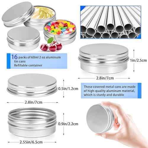 MotBach 16Pack 2oz Tin Jars, 60ml Metal Tin cans, 2Ounce Aluminum tin can jar Containers with Screw Lid for Lotion Bars, Spices, Salve, Balms, Beard Balm, Toiletries, Creams, Samples, Makeup Cosmetic