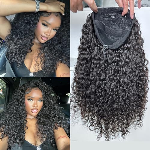 BLG Half Wig Human Hair 250% Density 15A Messy Water Wave Human Hair Flipover 3 In 1 Half Wigs 16 Inch Quick Install Wear and Go Drawstring Wig Beginners Friendly Glueless Wigs