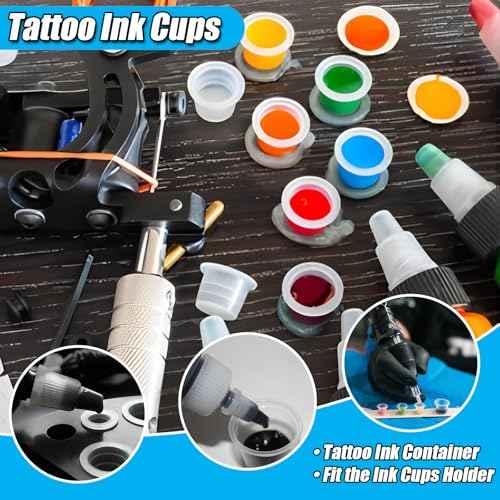 300pcs Disposable Tattoo Ink Cups (8mm/11mm/15mm) + 2 Black Ink Caps Holders + 100 Black Nitrile Gloves, Complete Tattoo Supplies Kit for Artists & Studio
