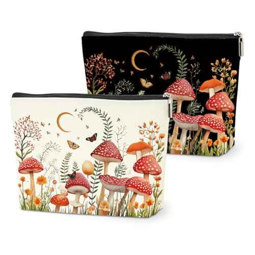 2 PCs Floral Mushroom Makeup Bag Mushroom Gifts Cosmetic Bag, Mushroom Stuff mushroom bag, Mushroom Gift for Women Girls Friends Coworkers Christmas birthday Gifts Botanical Zipper Pouch