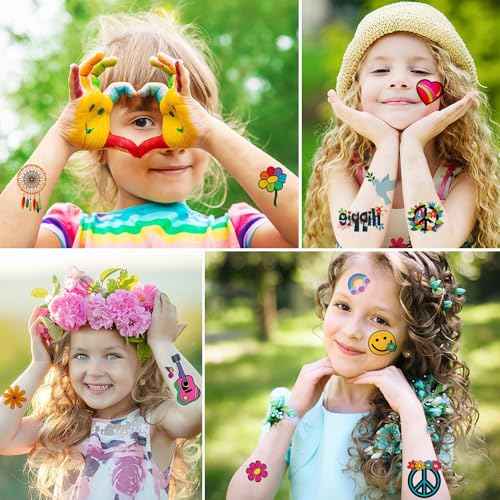 100PCS Groovy 70s Temporary Tattoos-10 Sheets Hippie Tattoo Stickers for Fan Birthday Party Decorations Hand Tattoo Party Favor Party Supplies Gifts for Kids Boy Girl Adult Pretty Christmas Gift