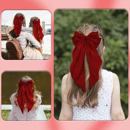 Hair Bows for Women, 2Pcs Burgundy Red Bow Hair Clips for Girls, Silky Satin Hair Bows Clips Long Tail, Large Hair Barrettes Cute Aesthetic Hair Accessories