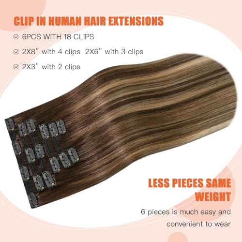 Balayage Hair Extensions Real Human Hair, Ombre Medium Brown Fading to Caramel Blonde 14 inches 120g Highlights 100% Human Hair Natural Straight Woman Beauty Clip ins #4/27/4