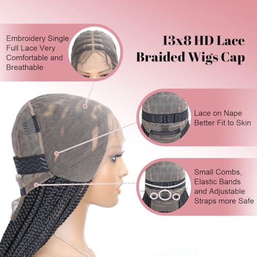 Box Braided Wigs curly ends 32 inch 13X8 Lace Braid Wigs for Black Women Square Knotless Box Braid Wig with Baby Hair Handmade Synthetic Hair Blended Lace Front Wig Natural Black