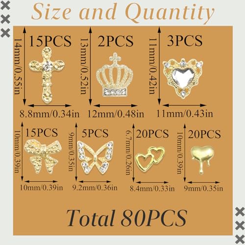 80PCS Gold Nail Charms Crystal Gold Heart Nail Charm Shiny Crown Nail Charms Sparkly Butterfly Charms Alloy Gold Nail Crosses for Nail Art and DIY Crafts Decoration