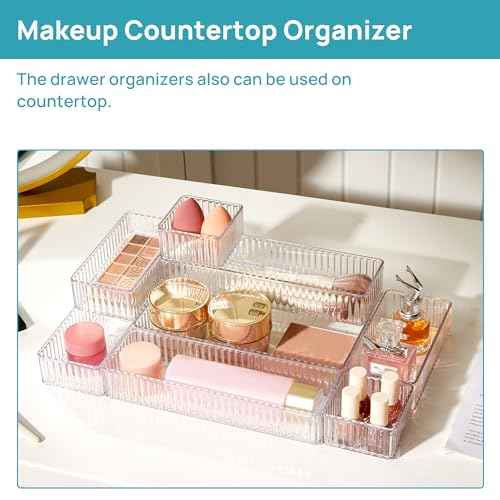 Vtopmart 7 PCS Clear Drawer Organizers Bins, 4-Size Stackable Makeup and Vanity Drawer Organizer Trays, Acrylic Bathroom Drawer Storage Containers for Cosmetic, Office Supply, Kitchen Utensils Gadgets