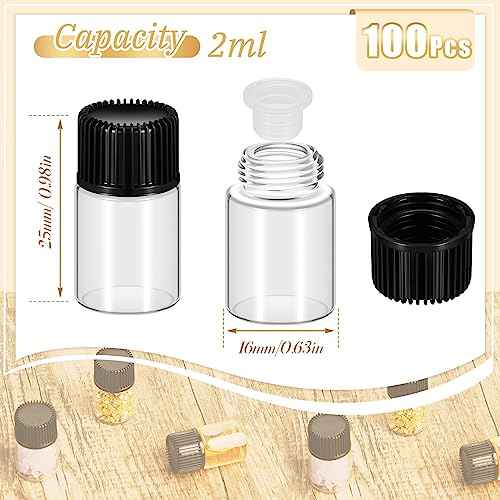 Lallisa 100 Pcs 2 ml Glass Vials with Screw Black Caps and Plastic Stoppers, Leak-proof Clear Small Sample Vials for Oil Travel Perfume Containers for Aromatherapy, Wedding Favors, DIY Crafts