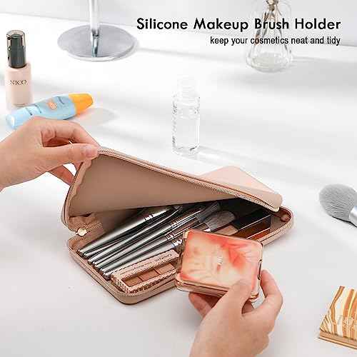 FVION Zipper Makeup Brushes Bag For Travel, Large Silicone Makeup Brush Holder, Make Up Brushes Pouch Case for Makeup Tools - Khaki