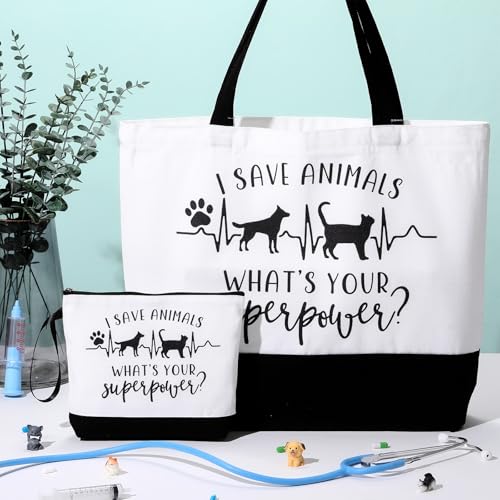 Paterr 2 Pcs Vet Tech Week Gifts Tote Bags Canvas Makeup Bags Veterinary Appreciation Thank Gifts for Vet Tech Assistant Pet Lover
