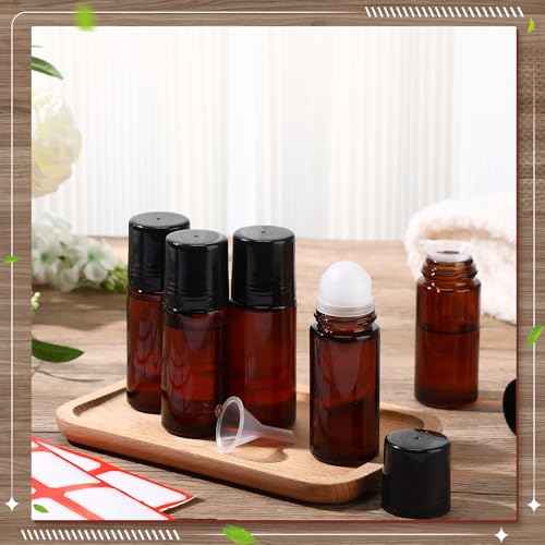 Sumind 24 Pcs 50ml Essential Oil Roller Bottles Glass Roller Deodorant Bottle Brown Roller Ball Container Empty Refillable Rollerball Bottle with Stainless Steel Roller Balls, Funnel and Sticker