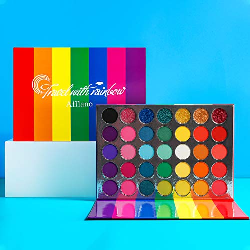 Afflano Rainbow Eyeshadow Palette Matte Shimmer Pressed Glitter, Pigmented Colorful Eye Shadow Pallets, Pink Red Orange Yellow Green Blue Purple 35 Color, Bright Prime Makeup Palette