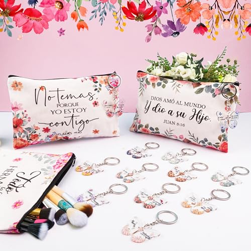 24 Pcs Spanish Christian Gift Set - 12 Women Makeup Bags Bulk & 12 Butterfly Keychains Inspirational Bible Verse Cosmetic Bags Religious Gifts for Women Regalos Religiosos Para Mujer En Espa?ol