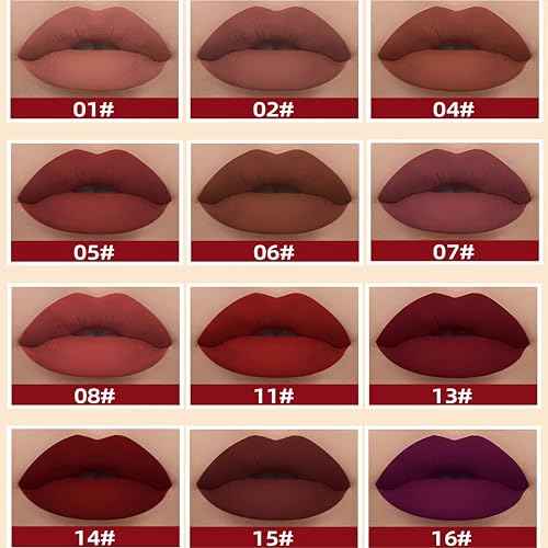 12PCS Matte Liquid Lipstick Set Non-Stick Cup and Not Fade Pigmented Lipstick Long-Lasting Waterproof Velvet Lipgloss Kit Makeup for Girls and Women (Set 01)