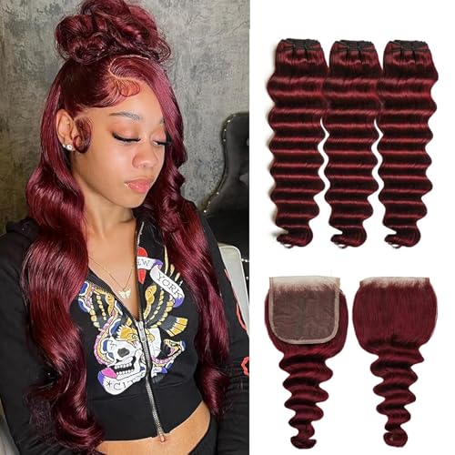99j Burgundy Human Hair Bundles with Closure Loose Deep Wave 12 14 16+12inch 99j Burgundy Win Red Colored Human Hair with 4x4 HD Lace Closure,10A Brazilian Raw Quick Loose Wave Bundles