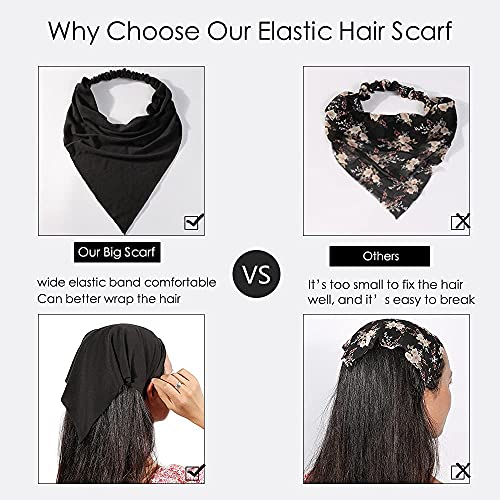 6 Pack Hair Scarf Headband for Women Elastic Bandana Head Scarf Large Boho Triangle Kerchief with Clips Non Slip Scarves