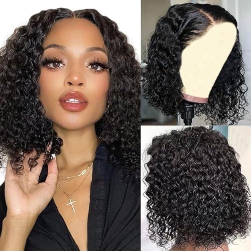 13x6 Deep Wave Lace Front Wigs Short Curly Bob Wig Human Hair 200 Density HD Glueless Lace Frontal Human Hair Wigs for Black Women Pre Plucked Natural Black 10 Inch