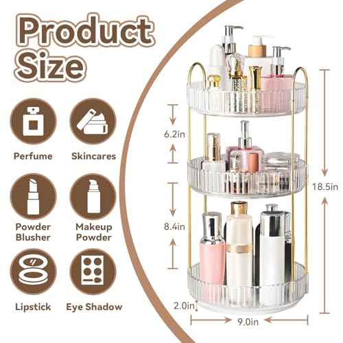 360¡Æ Rotating Makeup Organizer for Vanity, 3 Tier Perfume Organizers Skincare Organizers and Storage for Bathroom Countertop, Spinning Cosmetic Organizer for Bedroom Dresser Counter, Clear