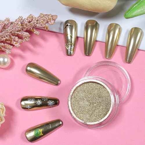 Allstarry Chrome Nail Powder Champagne Gold Metallic Mirror Effect Dust Glitter Glazed Manicure Decoration Reflective Pigment for Gel Polish Nail Art Decoration Resin Craft, Festivals