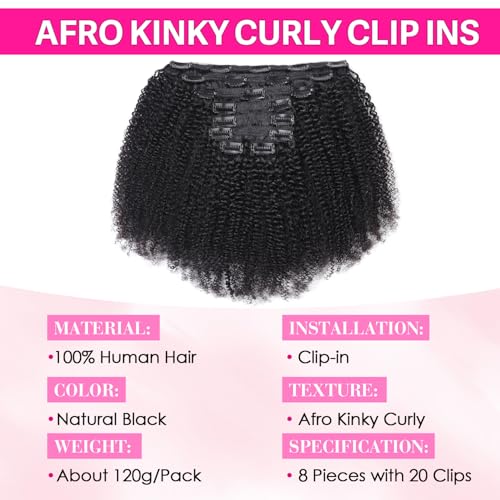 Afro Kinky Curly Clip In Hair Extensions Human Hair for Black Women 8Pcs 20 Clips Brazilian Virgin Remy Hair 4B 4C Natural Black Double Weft Thick Ends 120g Soft & Scalp-Friendly 22 Inch