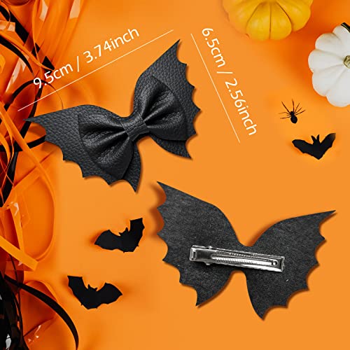 Halloween Bat Hair Bow Clips 4pcs Black PU Leather Alligator Barrettes for Teen Toddler Girls Women Kids Goth Cosplay Costume Decoration Accessories Party Favor Gift