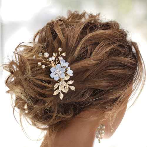 3pcs Flower Tassel Hair Pins, Vintage Chinese Rhinestones Pearl Hair Sticks, Floral Bun Updo Hair Comb Clip, Bridal Headpiece for Women Wedding, Parties - Blue
