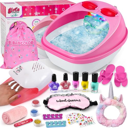 Kids Foot Spa & Nail Kit Set, Kids Spa Day Kit for Girls, Massage Foot Soak Tub and Nail Dryer, Manicure Pedicure Art Salon Girl Gift for 5-12, Christmas Birthday Gifts