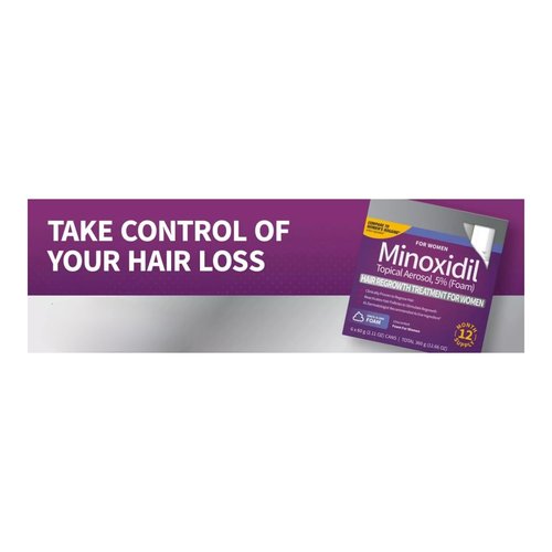 Kirkland Signature 5% Minoxidil Foam for Women, Hair Loss Regrowth Treatment, 12-Month Supply, Unscented, Easy Application, 6 Cans, Includes Storage Pouch, Clear