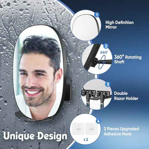 COSMIRROR Shower Mirror Fogless for Shaving with Updated Adhesive, 360¡Æ Rotation, Two Razor Holders No-Drilling Fogless Mirror for Shower, Shatterproof & Waterproof Bathroom Shaving Mirror Black