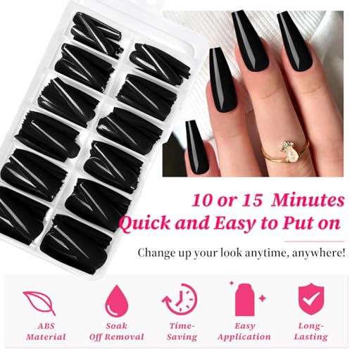 100pc Colored Coffin Press on Nails Long Ballerina False Fake Nail Tips Full Cover Manicure Design Acrylic Nails for Women Teen Girls (Black)