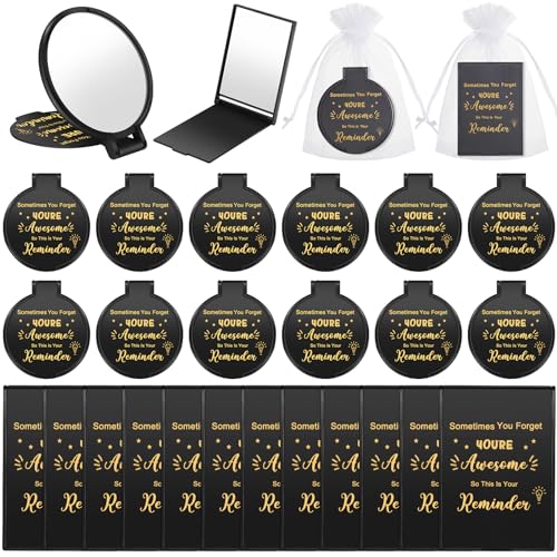 Geetery 48 Sets Inspirational Compact Mirror Bulk Round Makeup Glass Purse Pocket Mini Hand Folding Makeup Mirror with Gift Bags for Thanksgiving Christmas Women Coworker Friends