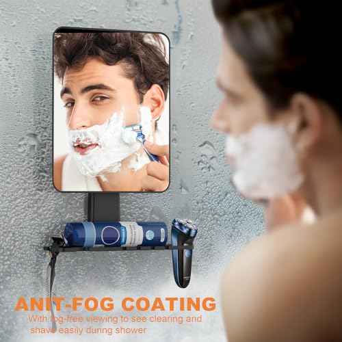Shower Mirror Fogless for Shaving, Fogless Mirror for Shower with Razor Holder, NO-Drilling & Removable, Shatterproof & Waterproof with 2 Adhesive Hooks