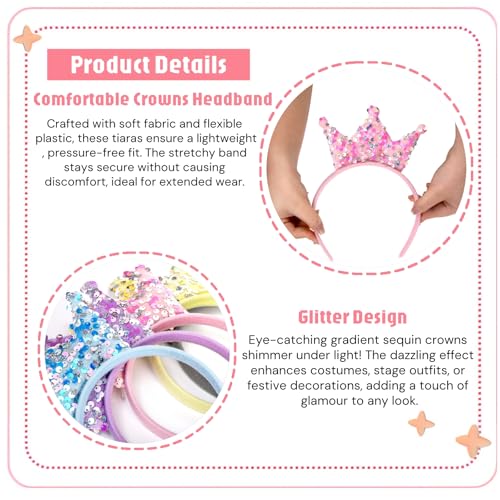 12 Pack Princess Crown Headband, Glitter Sequin Crown Headband, Shiny Tiaras and Crowns Hair Accessories for Birthday Party, Proms, Gifts