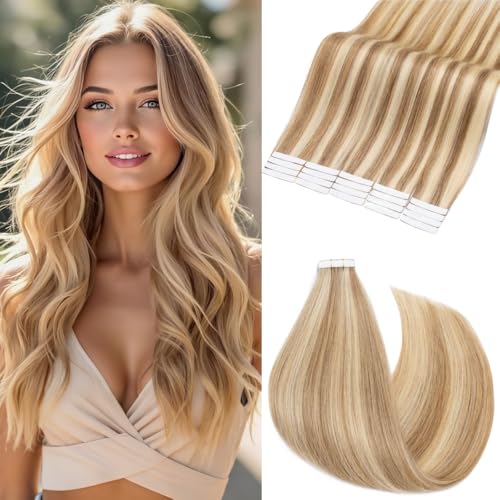 Rich Choices Tape in Hair Extensions Human Hair, 40pcs 100g 100% Remy Tape Hair Extensions Real Human Hair,Seamless Tape in Hair Extension 16 Inch #12P613 Golden Brown Highlighted Bleach Blonde