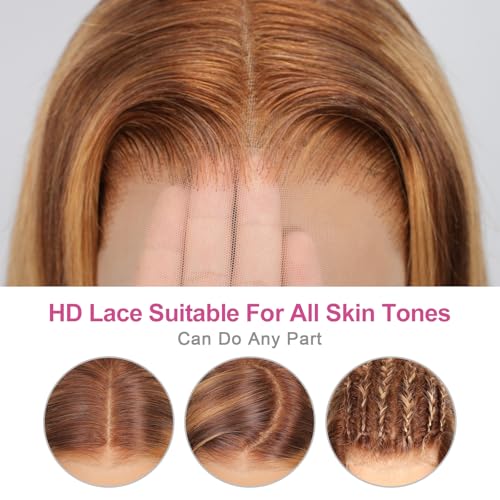 210% Density 13x6 Highlight Ombre Full Lace Frontal Bob Wig Human Hair 12A Brazilian Virgin Human Hair Pre Plucked 4/27 Honey Blonde HD Transparent Lace Glueless Wigs Human Hair 12 Inch