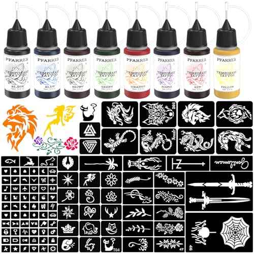 PFARRER Temporary Tattoo Kit 8 Bottles Color Temporary DIY Tattoo Ink,105 Pcs Stencils Kit for Body Paint Fake Tattoos for Kids&Women (Black,Red,Green,Blue,Yellow,Purple,Brown,Orange)