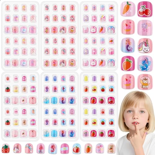 144 Pcs Small Kids Nails Set, Thrilez 6 Pack Mini Press on Nail Pre-glue Artificial False Acrylic Nails Set for Little Girl Children
