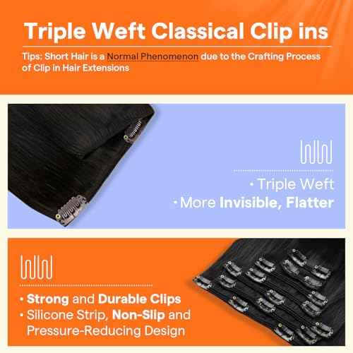 Full Shine Black Clip in Hair Extensions 24 Inch Remy Hair Extensions Clip ins Human Hair Jet Black Natural Hair Clip in Extensions for Long Hair 7 Pieces 120 G