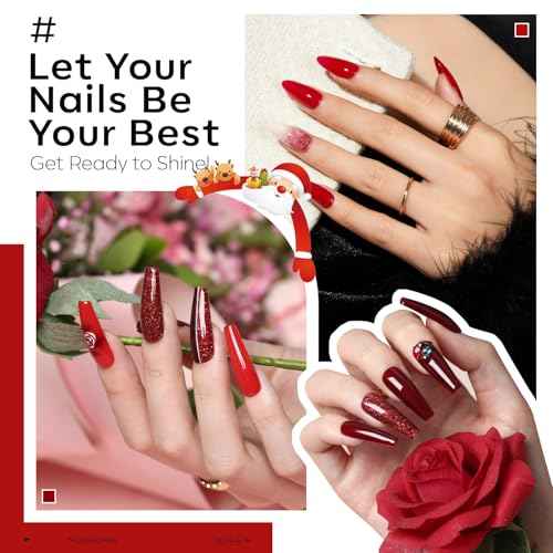 modelones Gel Nail Polish Kit -6 Colors Red Christmas Gel Polish Set Burgundy Glitter Sparkle Bloody Soak Off Gel Nail Kit Manicure DIY Nail Art Salon Home New Year Gift