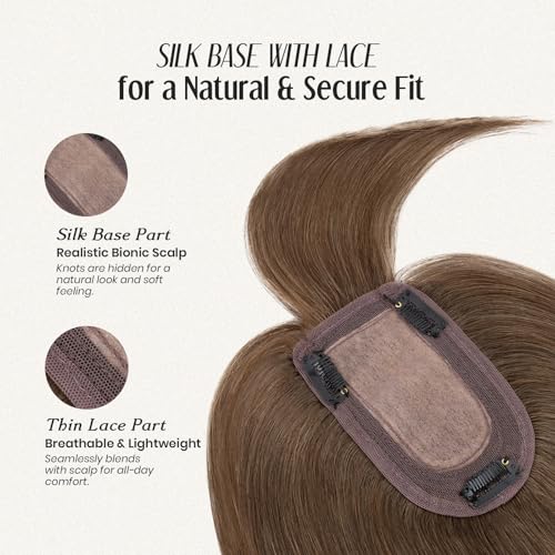 MY-LADY Human Hair Toppers for Women Real Human Hair with Bangs Thin 7 * 13CM Silk Base with Lace Clip in Straight Remy Hairpieces 150% Density 12 Inch Medium Brown