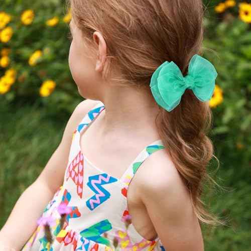 Green Hair Bow Clips 4 inch Mesh Ribbon Tulle Hairbow Barrettes Cute Handmade Christmas Party Dress outfit Decoration Accessories Easter Gift for School Kids Teens Toddler Girls Women
