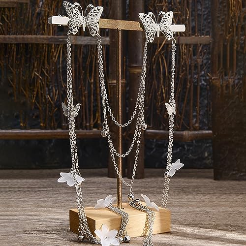 2 PACK Silver Wedding Butterfly Flower Headband Boho Head Chain Tassel Headband for Women Sparkly Rhinestone Fake Earrings Hair Accessories for Women and Girls
