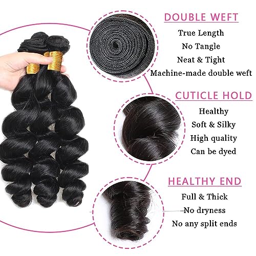 Loose Body Wave Bundles Human Hair with Frontal (14 16 18+12) 12A Grade 100% Body Wave Human Hair Extensions 13x4 Lace Frontal Human Hair 180% Density Natural Black