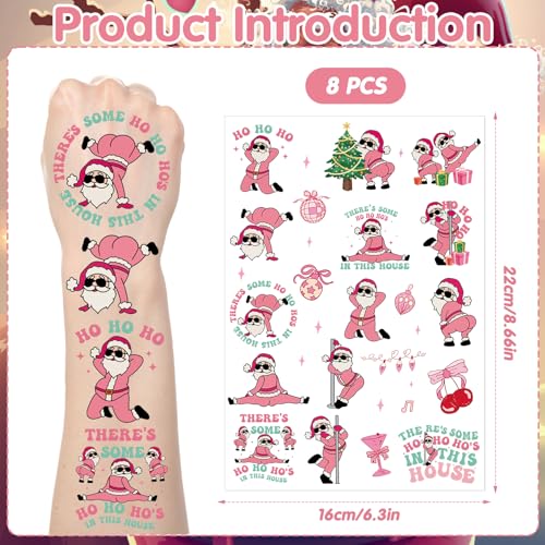 Funny Christmas Temporary Tattoos - 200+ Pink Santa Friendsmas Tattoos Stickers for Adults, There's Some Ho Ho Ho Hos Xmas Party Decorations Favors, Funny Naughty Christmas Supplies