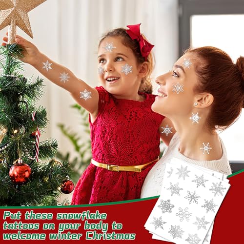 JUNEBRUSHS Winter Snowflake Glitter Silver Foil Temporary Tattoos, 120 Pcs Christmas Metallic Tattoo Sticker Decors 12 Styles Face Make up Stocking Stuffers Gift Filler Winter Wonderland Favors