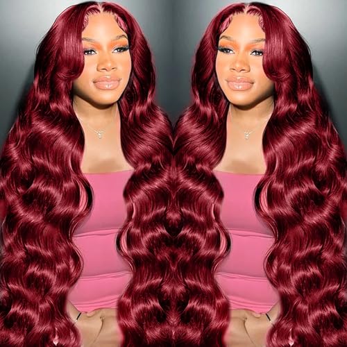 99J Burgundy Wig Human Hair 13x4 Body Wave Lace Front Wigs Human Hair 180 Density Pre Plucked Glueless Wine Red Colored Lace Front Wig for Women 28inch