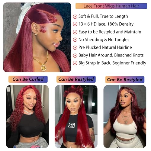 99j Burgundy 26 Inch Straight Wig Human Hair 13x6 Hd Lace Front Human Hair Wigs For Black Women Glueless Lace Front Wigs Pre Plucked 180% Density Red Wig
